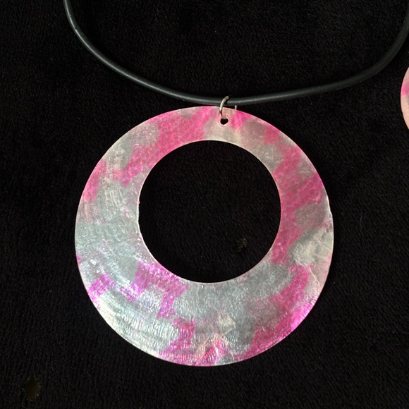 Handcrafted Pink and Silver Circular Pendant Necklace & Earrings Set - Picture 2 of 5